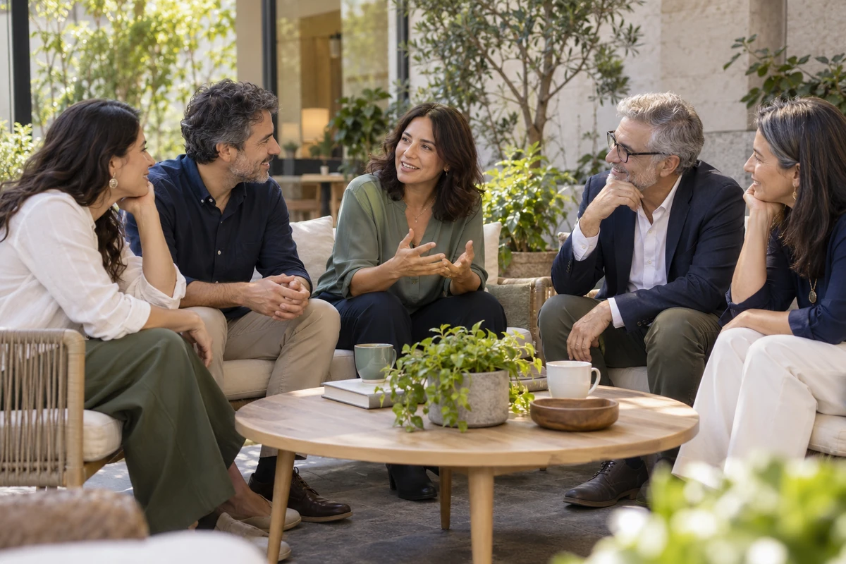 Escena referencial de un encuentro y conversación entre colegas.