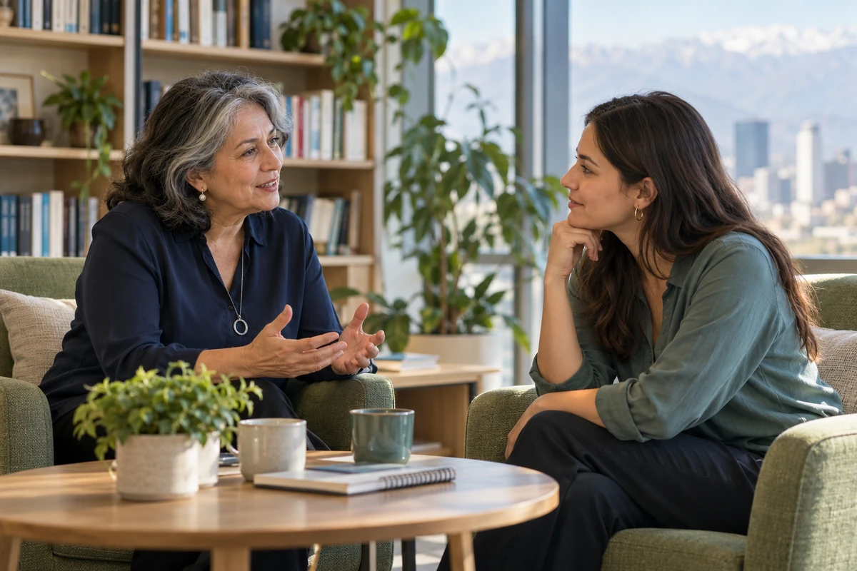 Escena referencial de una conversación de mentoría entre colegas de distintas generaciones.